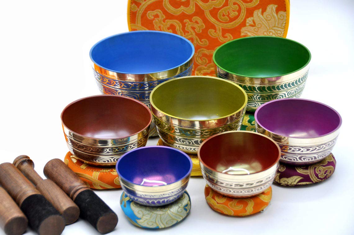 Chakra Healing Tibetan Singing Bowl Set~ Seven Chakra Color with Symbols ~Sizes from 2.5" to 5” for Meditation,Sound Healing, Sound Therapy & Mindfulness ~ Mallets, Cushions & Carrying Case included