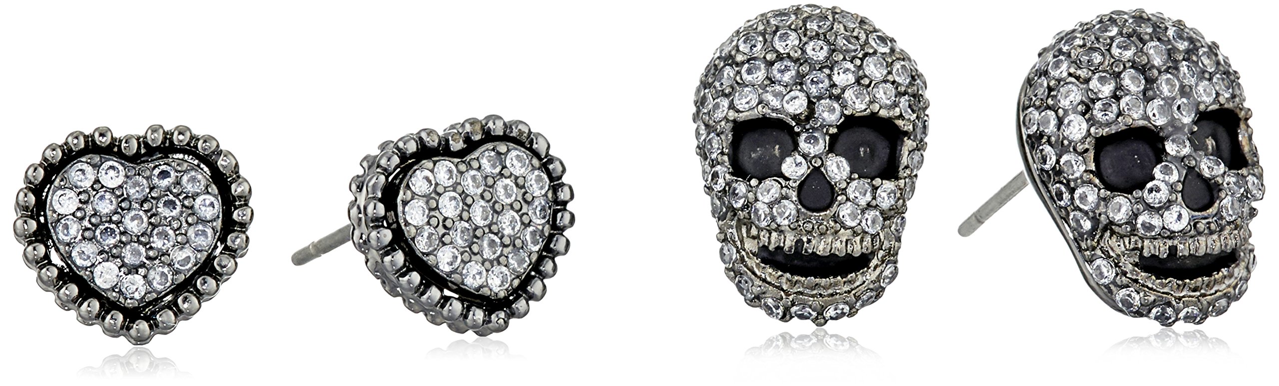 Betsey Johnson CZ Pave Heart & Skull Duo Set of Stud Earrings