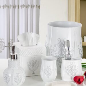 Creative Scents Bathroom Accessories Set - 4 Piece Vintage White Bathroom Set - Farmhouse French Country Bathroom Accessory Set Features: Soap Dispenser, Toothbrush Holder, Tumbler & Soap Dish