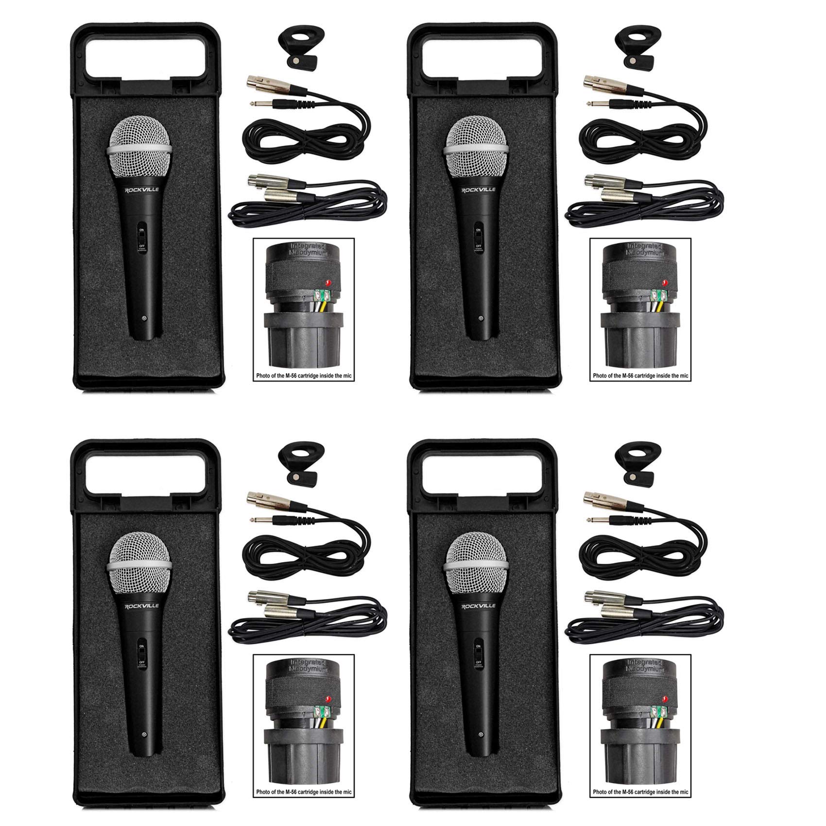 Rockville 4 RMC-XLR Dynamic Cardioid Professional Metal Microphones W/XLR Cable