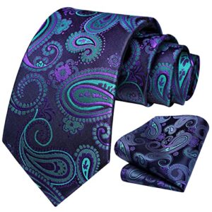 HISDERN Ties for Men Purple Paisley Mens Tie and Pocket Square Blue Woven Classic Business Mens Necktie Handkerchief for Wedding Party