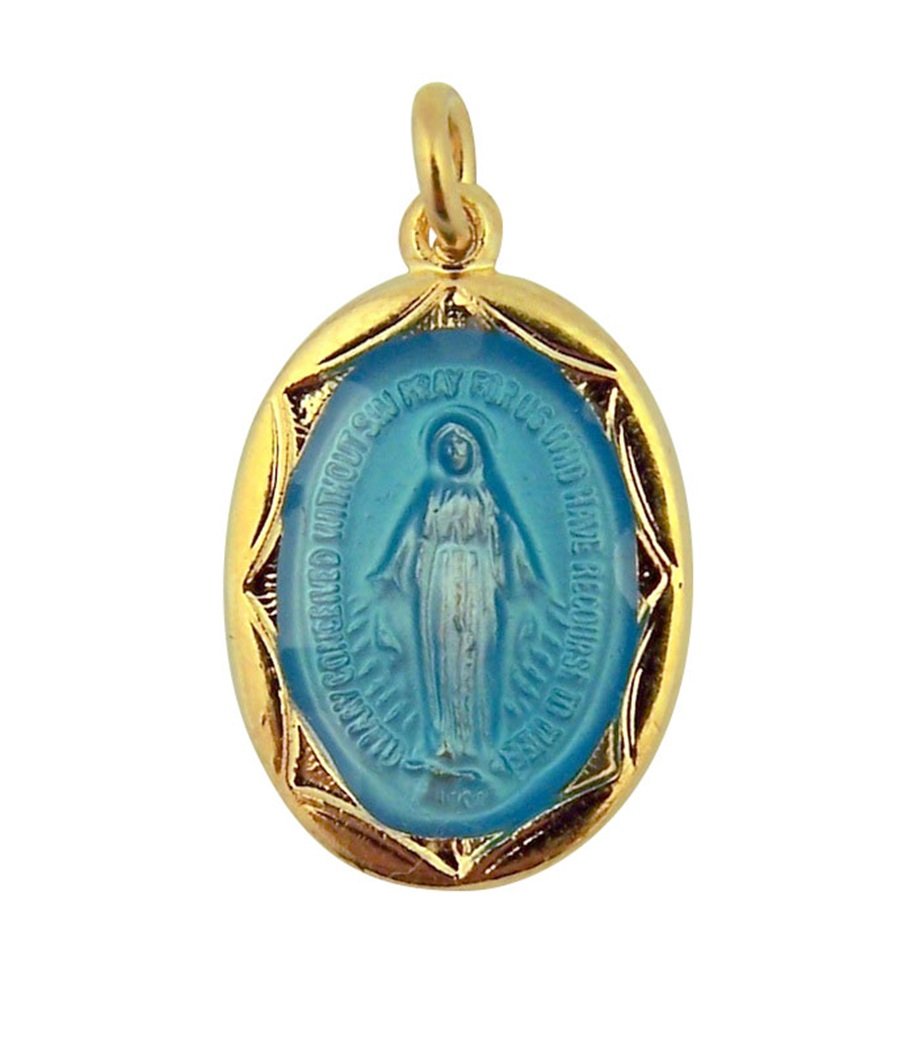 McVan Inc 18K Gold Plate Over Sterling Silver Blue Enameled Miraculous Medal Pendant, 3/4 Inch