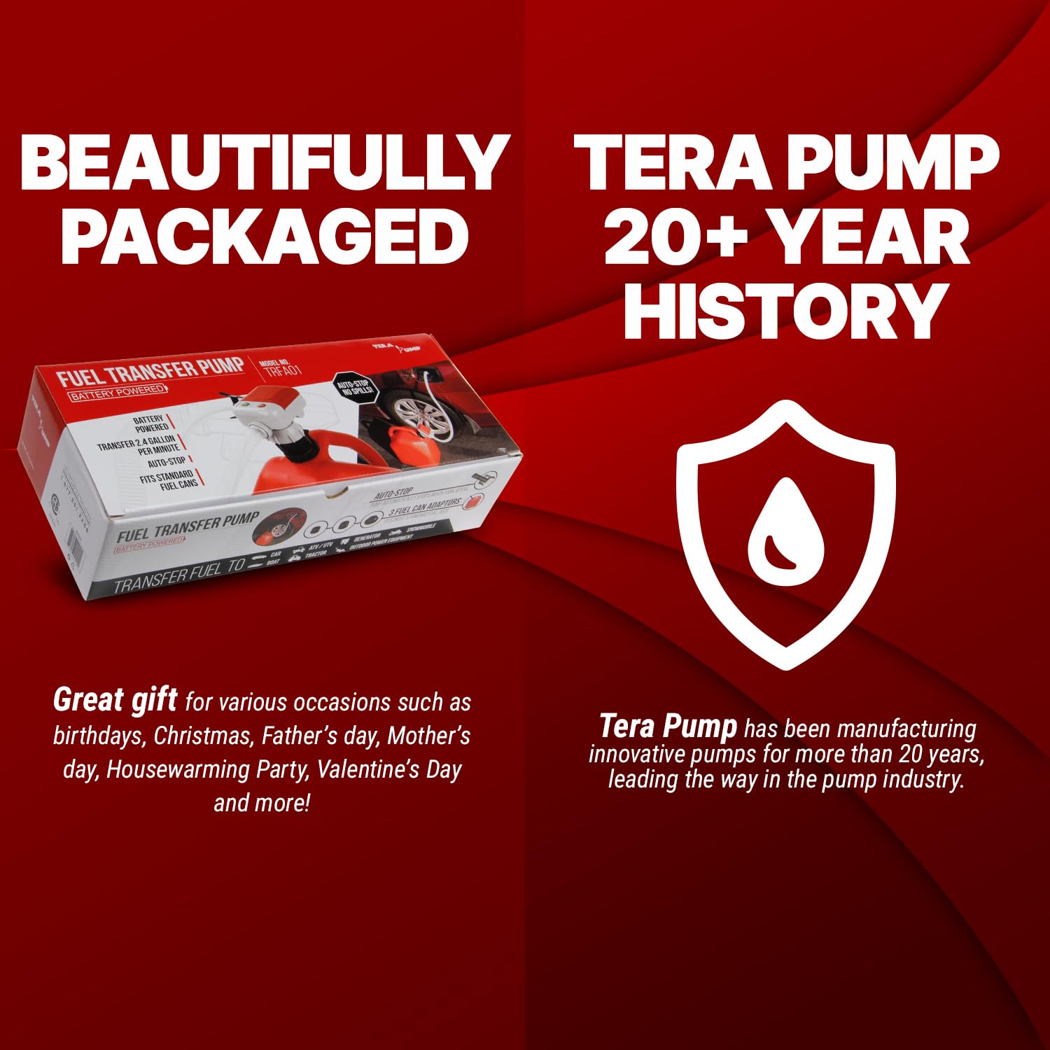 TERA PUMP 4th Gen TRFA01 Fuel Transfer Pump with Auto-Stop for Overfill Protection (2.9 GPM) Includes 3x Gas Can Adapters, Long Hose, Liquid Transfer Pump for E15, E85, Gas, Diesel & More