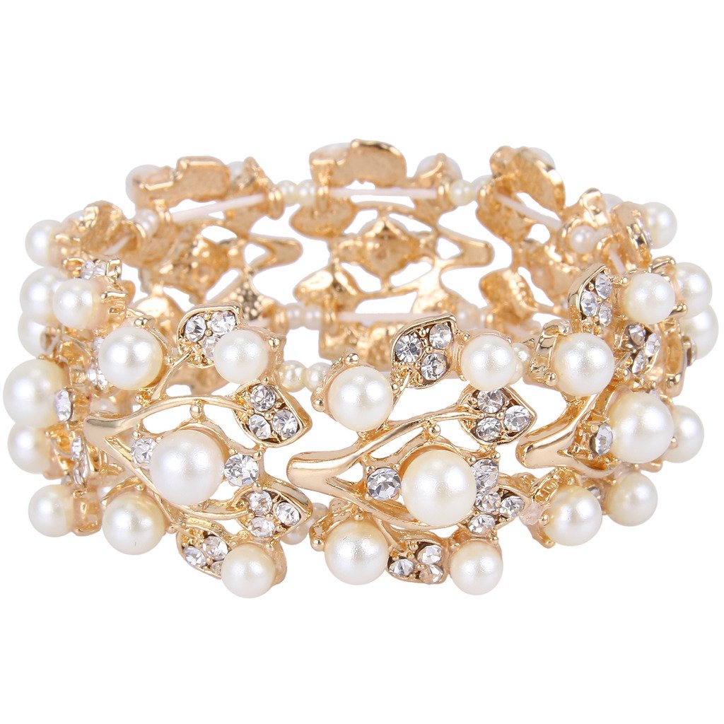 EVER FAITH Gold-Tone Crystal Cream Simulated Pearl 1920's Style Leaf Stretch Bracelet Clear