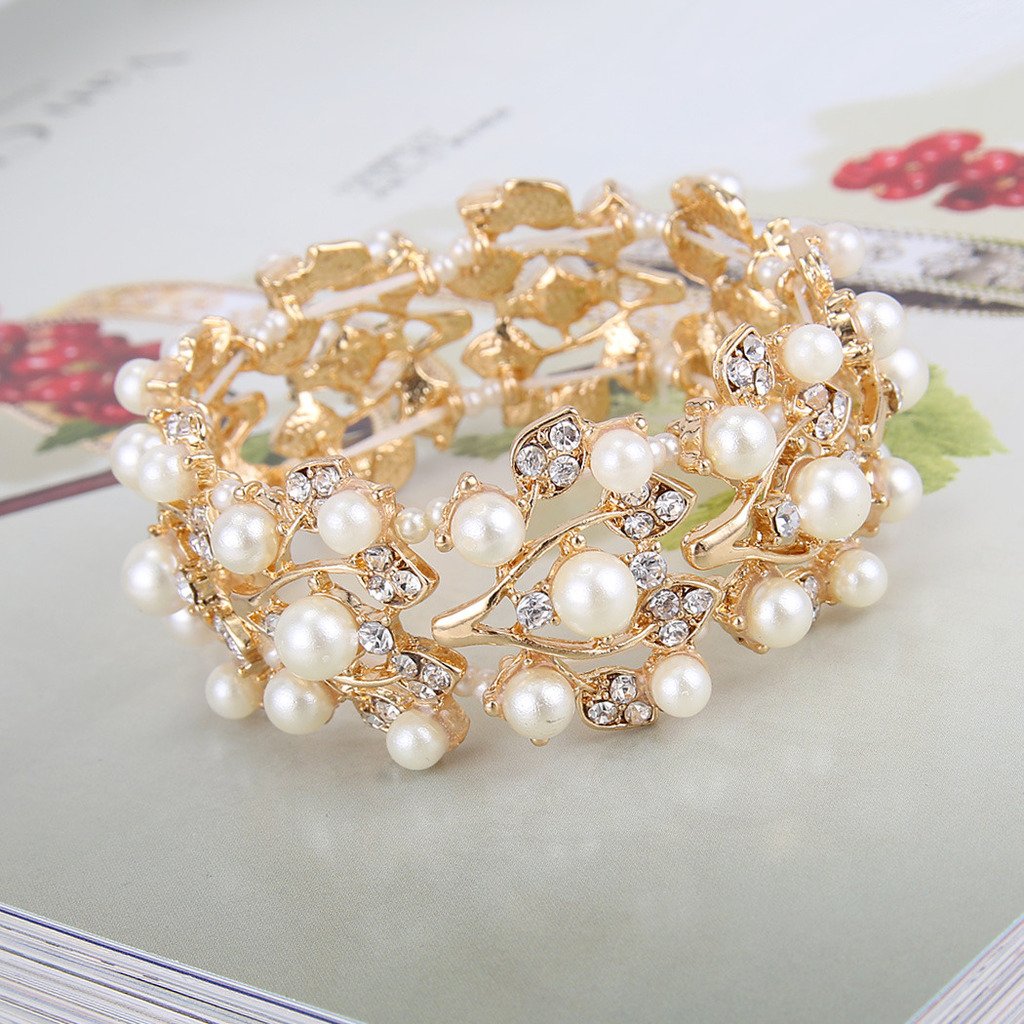 EVER FAITH Gold-Tone Crystal Cream Simulated Pearl 1920's Style Leaf Stretch Bracelet Clear