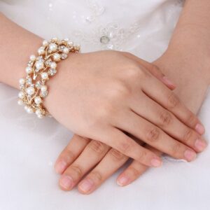 EVER FAITH Gold-Tone Crystal Cream Simulated Pearl 1920's Style Leaf Stretch Bracelet Clear