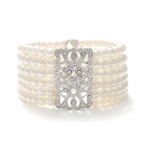 mariell ivory pearl and crystal stretch cuff bracelet, medium size 6" to 7" fits most wrists, simulated pearls, vintage design bracelet for brides, weddings, mother of the bride