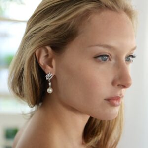 Mariell Pearl Drop Wedding Bridal Earrings, Cubic Zirconia and Pearl Drop Earrings for Brides, Bridesmaid