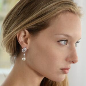 Mariell Pearl Drop Wedding Bridal Earrings, Cubic Zirconia and Pearl Drop Earrings for Brides, Bridesmaid