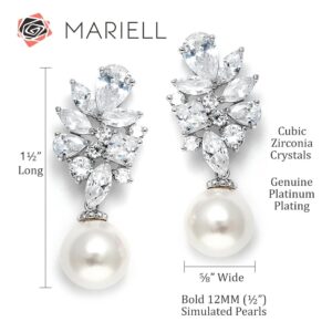 Mariell Ivory Pearl Drop Bridal Earrings with Cubic Zirconia Crystals, Large Size Dramatic Statement Earring, Bridal Jewelry for Wedding, Mother of the Bride