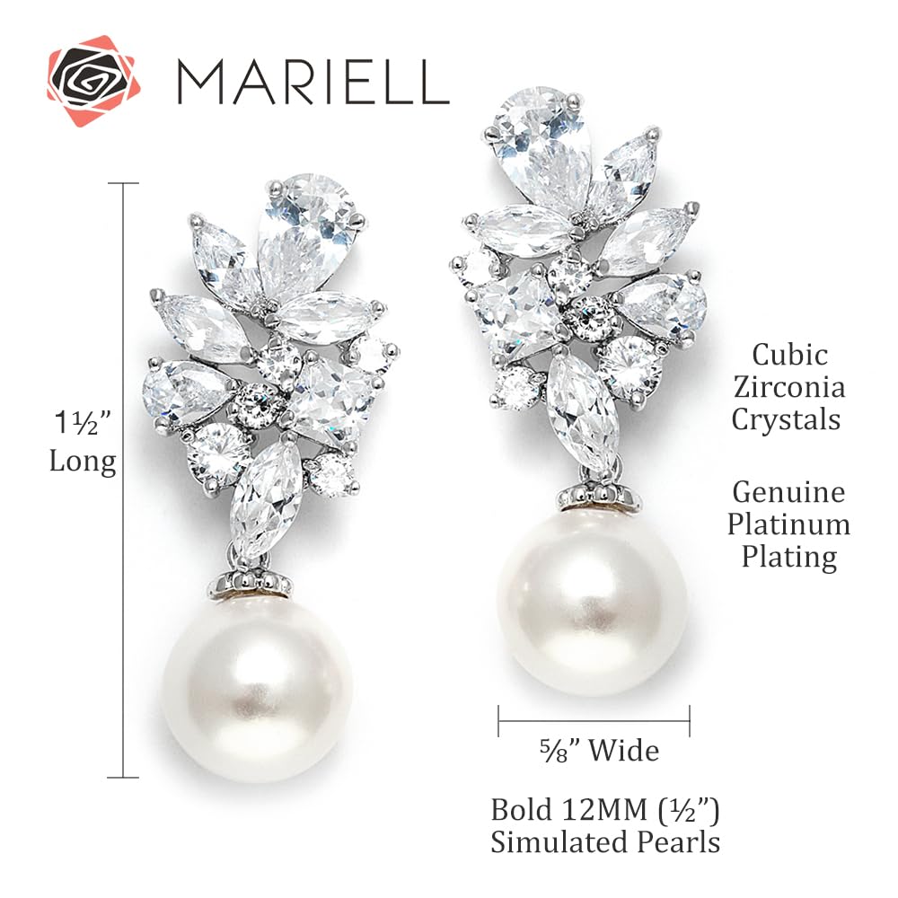 Mariell Ivory Pearl Drop Bridal Earrings with Cubic Zirconia Crystals, Large Size Dramatic Statement Earring, Bridal Jewelry for Wedding, Mother of the Bride