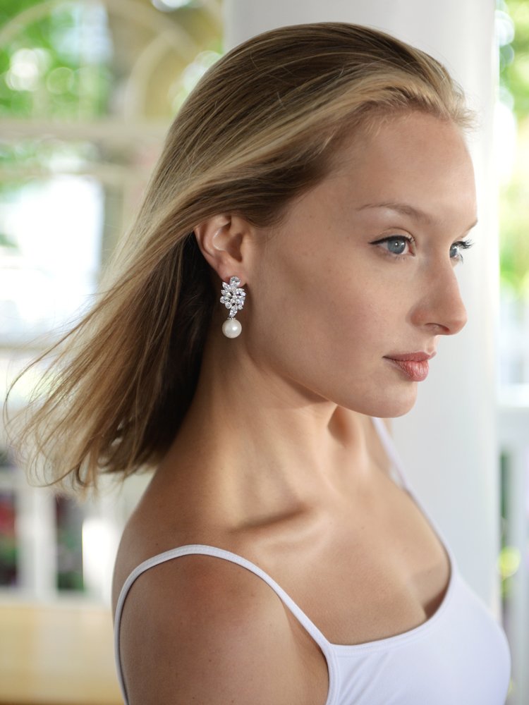 Mariell Ivory Pearl Drop Bridal Earrings with Cubic Zirconia Crystals, Large Size Dramatic Statement Earring, Bridal Jewelry for Wedding, Mother of the Bride