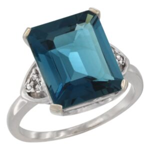 14k white gold diamond natural london blue topaz ring octagon 12x10 mm, size 7.5