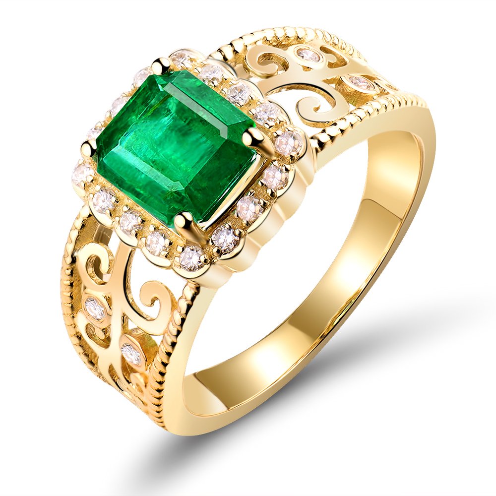 Lanmi 14K Yellow Gold Vintage Natural Green Emerald Rings Diamonds Band Engagement Wedding for Women Promotion