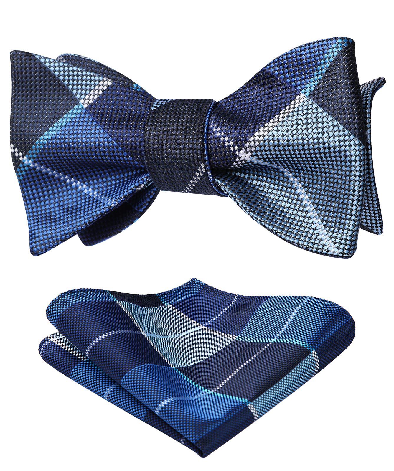 HISDERN Bow Ties for Men Check Plaid Self Tie Bow Tie and Pocket Square Classic Navy Blue Bowtie Formal Tuxedo Wedding Bowties Handkerchief Set