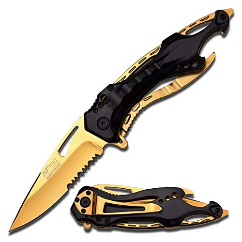 MTECH 8" BLACK AND GOLD TITANIUM STAINLESS STEEL SPRING ASSISTED FOLDING KNIFE Blade pocket open switch- Firefighter Rescue Pocket Knife - hunting knives, military surplus - survival and camping gear