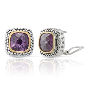 JanKuo Jewelry Two Tone Vintage Style Amethyst Color Cubic Zirconia French Clip Earrings