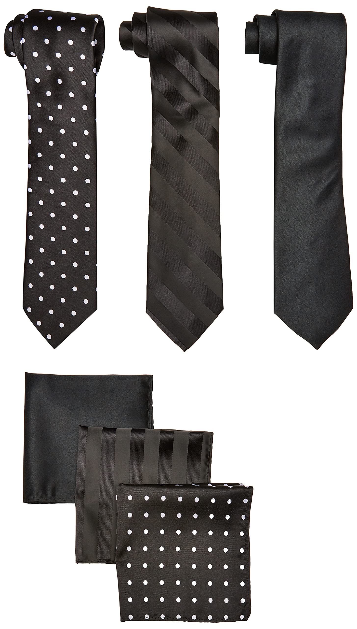 STACY ADAMS mens 3 Pack Satin Solid Striped Dots With Pocket Squares Necktie, Black, One Size US