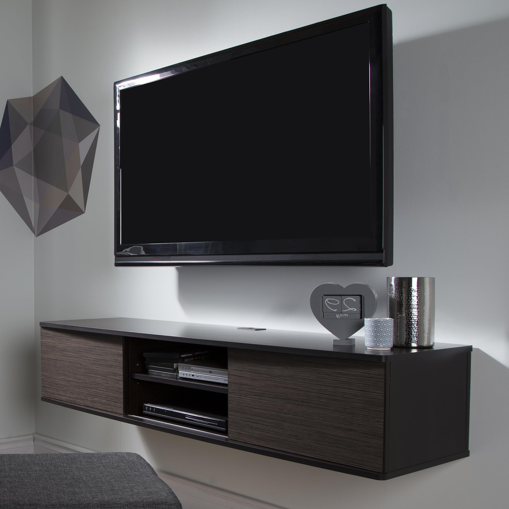 South Shore Floating Wall Mounted Media Console, Chocolate & Zebrano