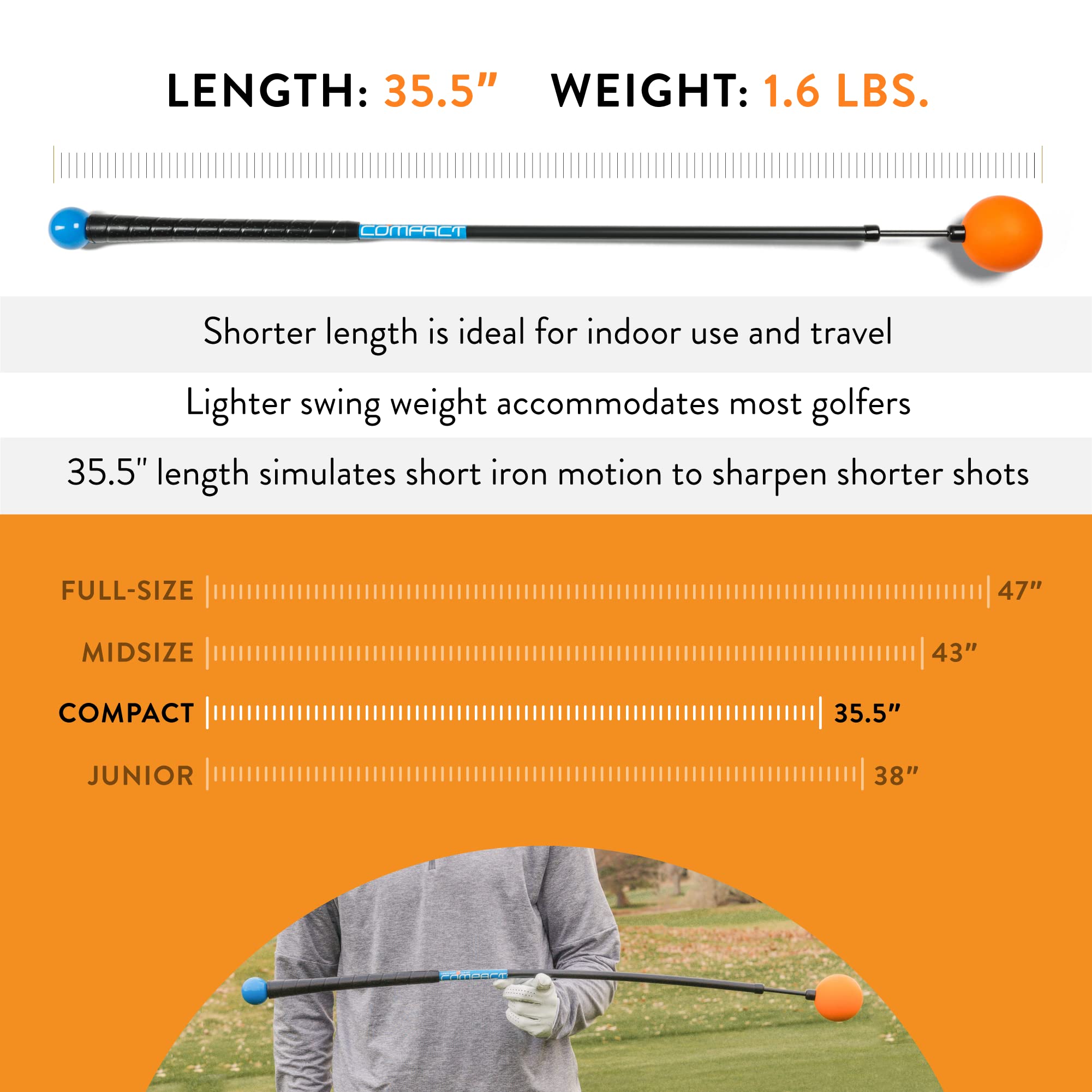 Orange Whip Compact Golf Swing Trainer Aid for Improved Rhythm, Flexibility, Balance, Tempo, Swing Plane, and Strength, Patented and Made in USA, 35.5"