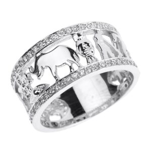 Good Luck Charms Solid 10k White Gold CZ Studded Ring with Elephant, Owl, Horseshoe, Seven, Evil Eye and Clover Flower (Size 7)