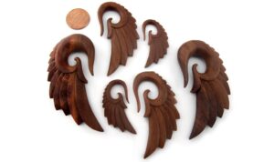 urban body jewelry pair of 4 gauge (4g - 5mm) saba wood angel wing spiral plugs