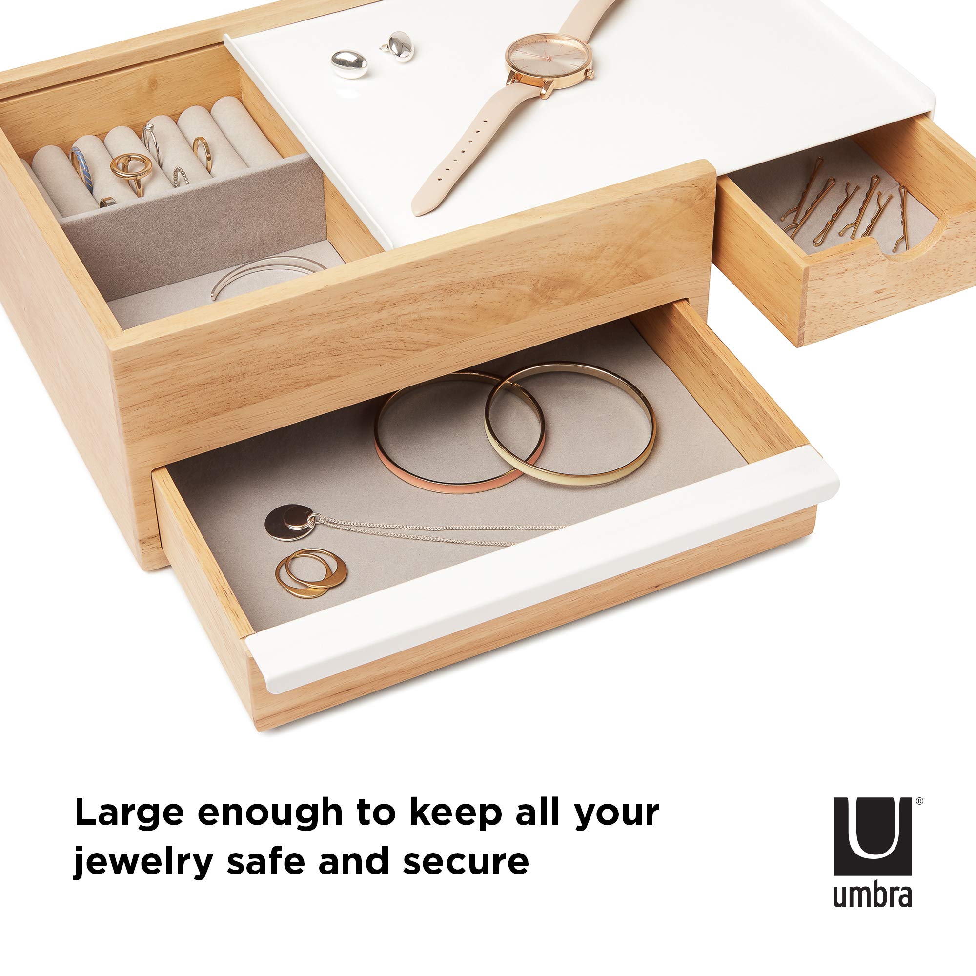 Umbra Stowit Jewelry Box - Modern Keepsake Storage Organizer with Hidden Compartment Drawers for Ring, Bracelet, Watch, Necklace, Earrings, and Accessories (White / Natural)