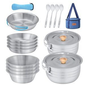 WEALERS Camping Cookware & Dinnerware Set- 17 Pieces Stainless Steel Pots and Pans Set with Plates, Bowls & Sporks in Travel Mesh Bag for Camping, Trekking, Backyard Picnic & Backpacking Gear