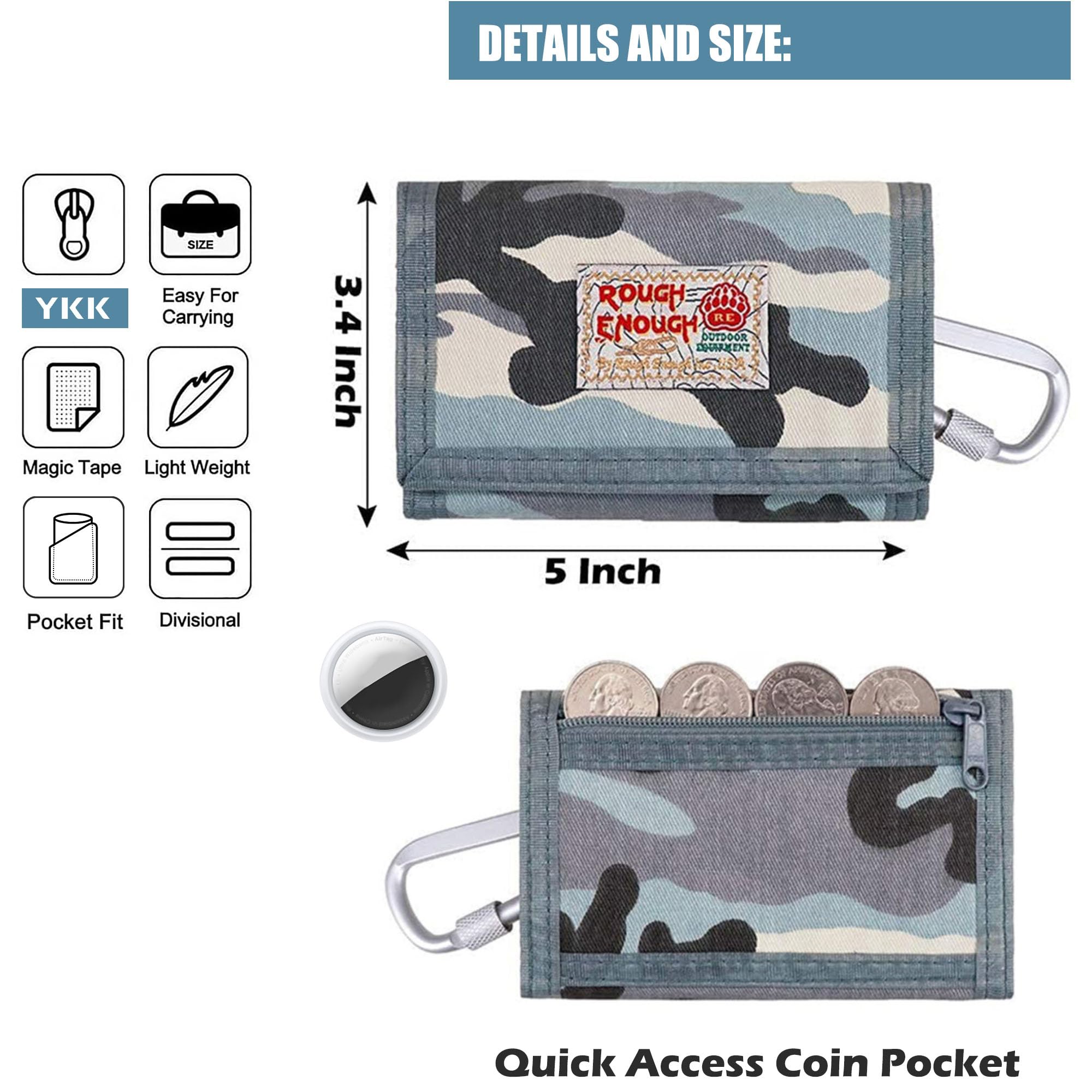 Rough Enough Kids Wallet for Boys Girls with Neck Lanyard Teen Wallet Canvas Blue Camo