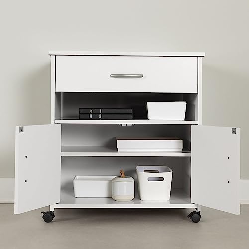 South Shore 2-Door Printer Stand with Storage on Wheels, Pure White