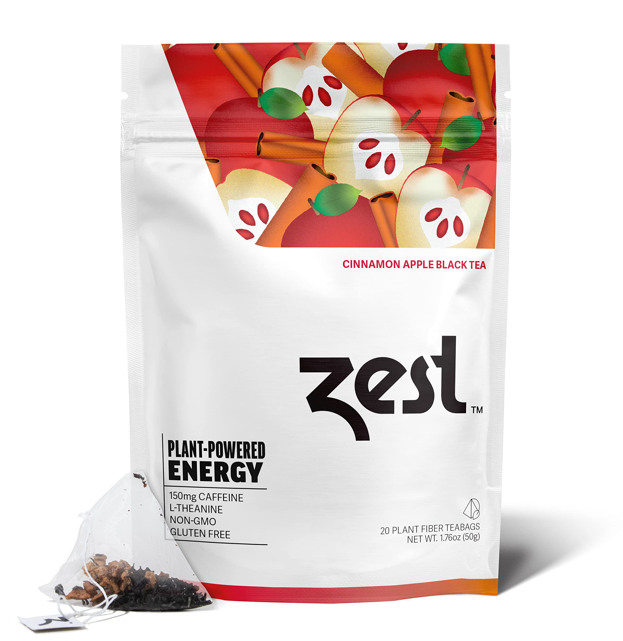 Zest 150mg High Caffeine Energy Leaf Blend - Cinnamon Apple Black Tea - 20 Pack Bag - All Natural Strong Flavored Healthy Coffee Alternative Highly Caffeinated Substitute - Perfect for Keto Diet