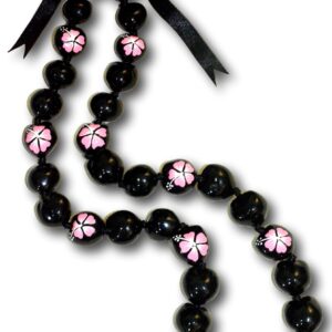 Native Treasure 32" Mens and Womens Hawaiian Style Genuine Black Kukui Nut Necklace Lei with Pink Hibiscus Hand Painted Flowers from the Philippines