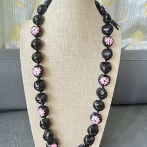 Native Treasure 32" Mens and Womens Hawaiian Style Genuine Black Kukui Nut Necklace Lei with Pink Hibiscus Hand Painted Flowers from the Philippines