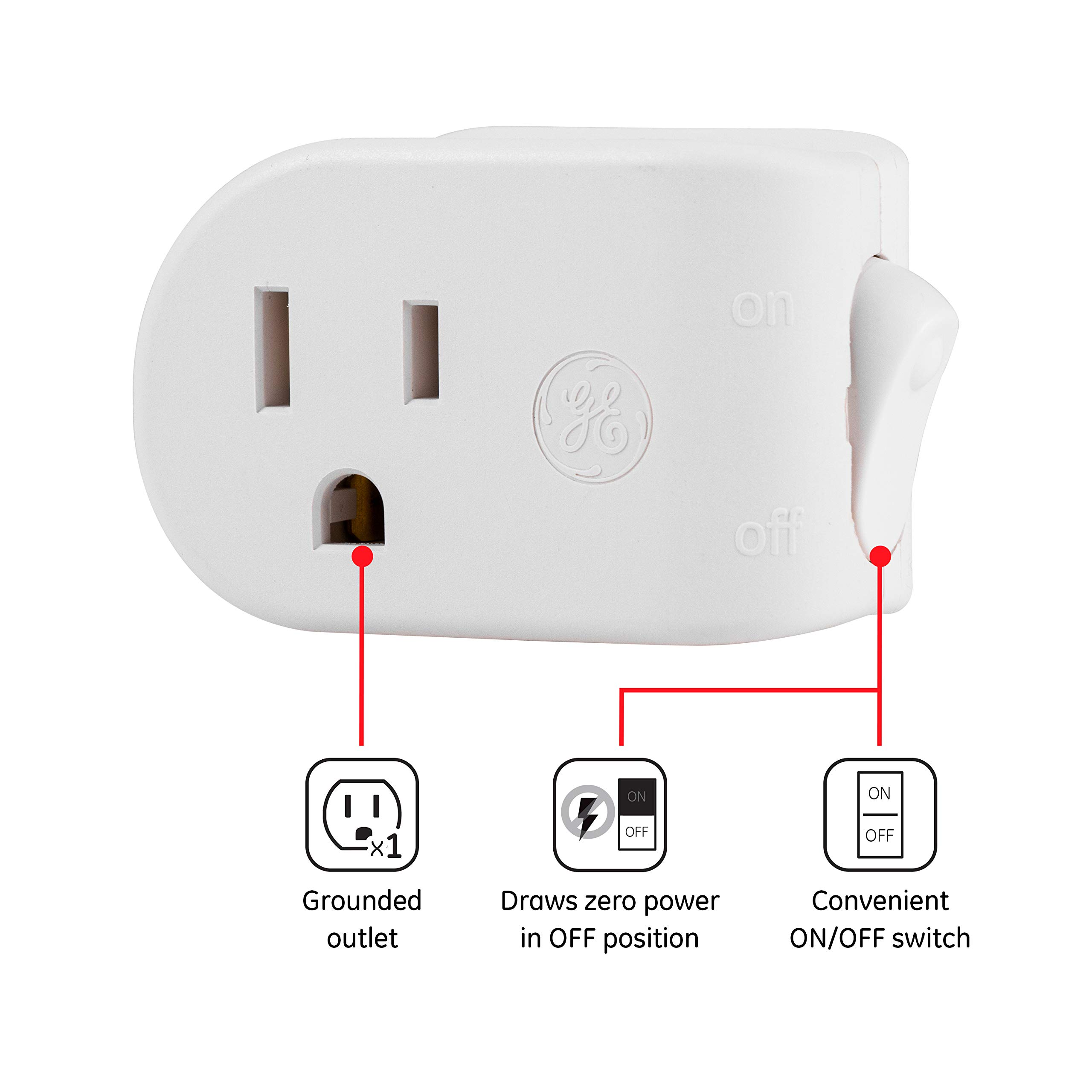 GE Grounded Power Switch, Outlet Extender, 3-Prong, Easy to Install, for Indoor Lights and Small Appliances, Energy Efficient Adapter, Space Saving Design, UL Listed, White, 25511