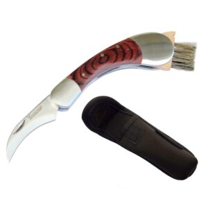 HANZIUP Folding Mushroom Knife with Neoprene Pouch Solid Wood Handle and Foldable Cleaning Brush