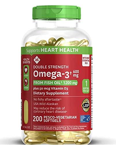 Member's Mark Enteric Double Strength Fish Oil 1200mg Softgels 600mg Omega-3 EPA DHA Plus Vitamin D3 2000 Iu (1 Bottle (200 softgels))