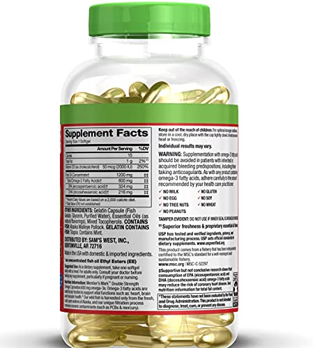 Member's Mark Enteric Double Strength Fish Oil 1200mg Softgels 600mg Omega-3 EPA DHA Plus Vitamin D3 2000 Iu (1 Bottle (200 softgels))