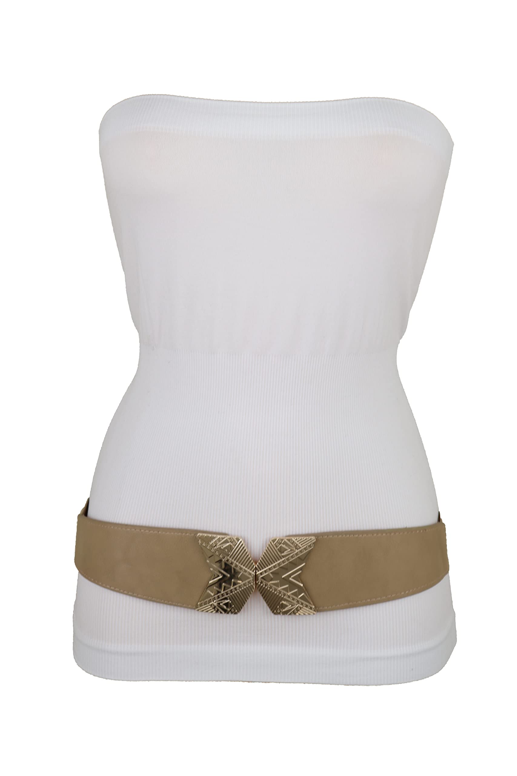 TrendyFashionJewelry Women Fashion Elastic Wide Waistband Belt Hip High Waist X Shape Gold Metal Buckle S M Beige