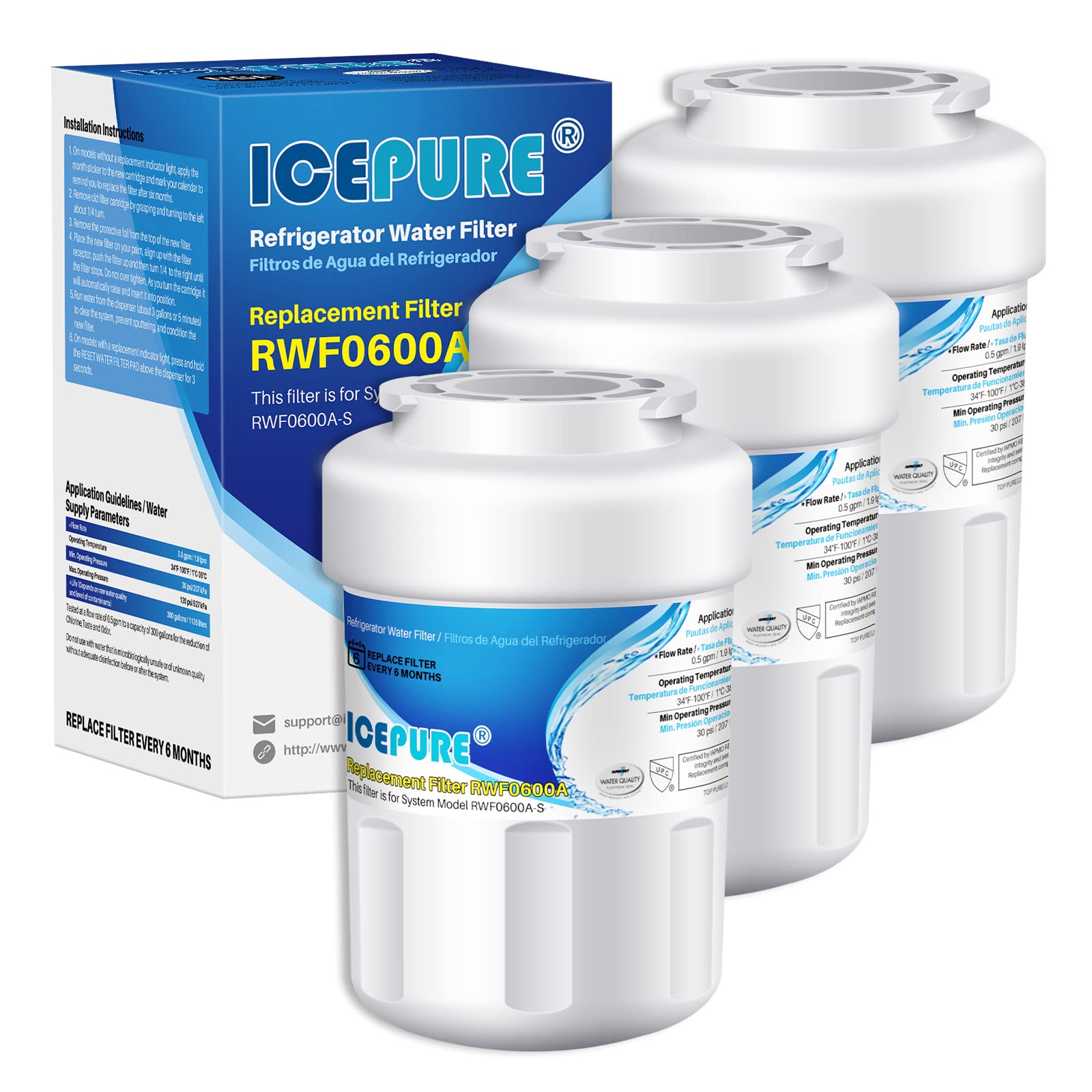 ICEPURE RWF0600A Refrigerator Water Filter Compatible for GE MWF, MWFINT, MWFA, HDX FMG-1, GSE25GSHECSS, 46-9991, GSH25JSDDSS, GSHS6LGBBHSS, PC75009, RWF1060,GSHS6HGDBCSS, 197D6321P006 3PACK