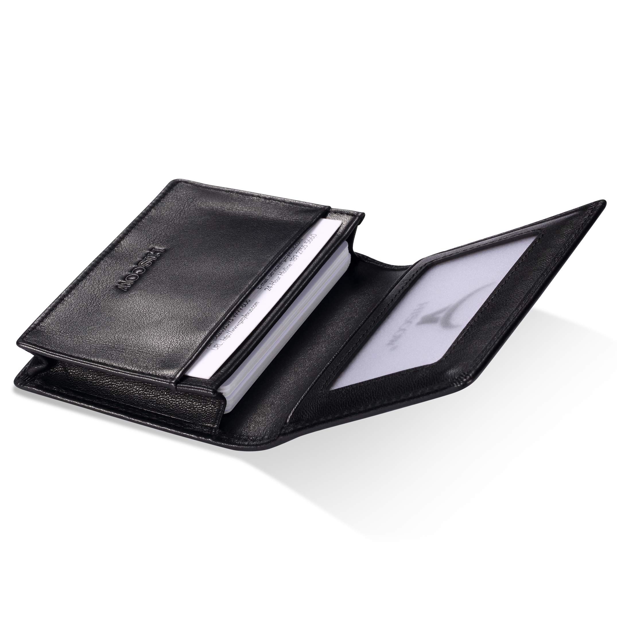 Leather Business Card Case Holder for Men & Women, Italian Calfskin (Black)