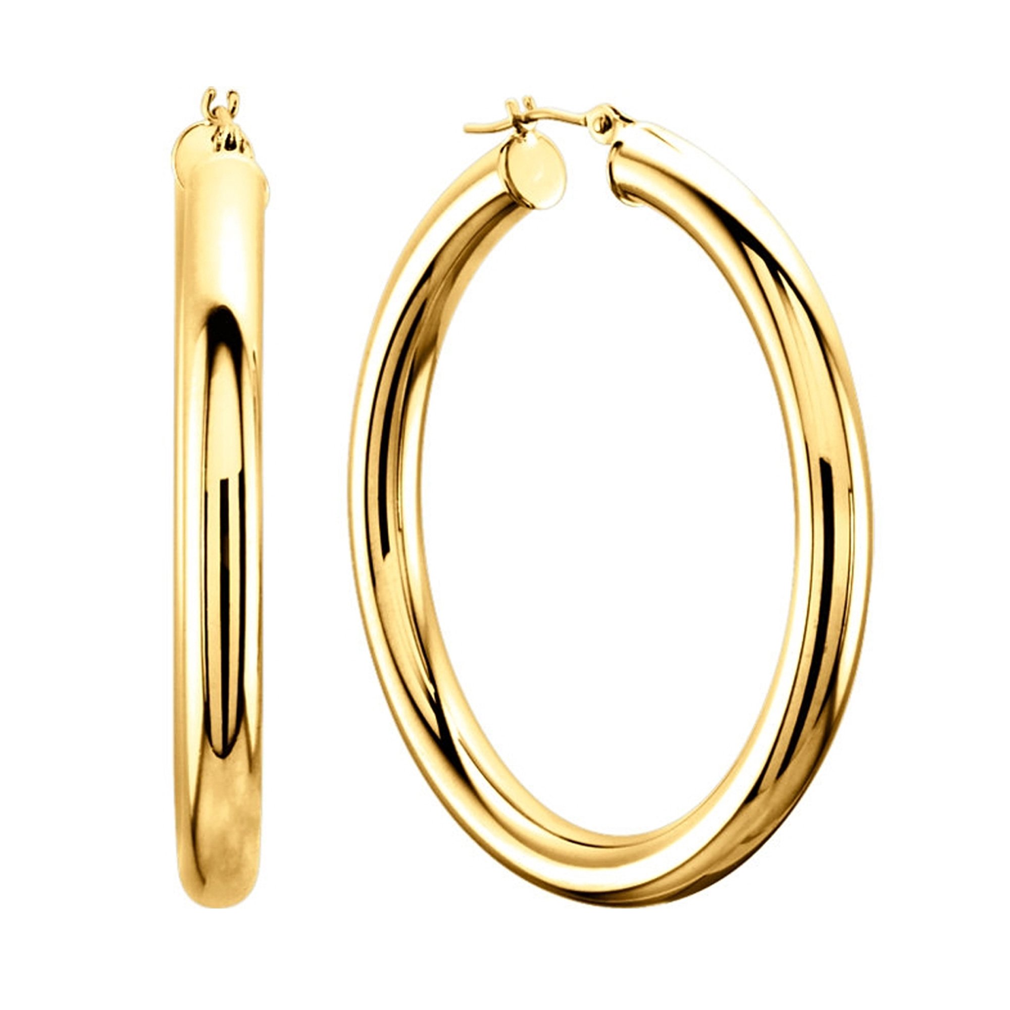 10k Yellow Gold 3mm Shiny Round Tube Hoop Earrings, Diameter 30mm