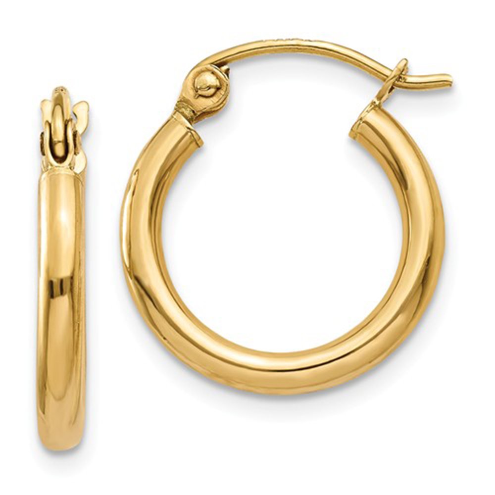 14K Yellow Gold Tube Hoop Earrings with Click-Down Clasp, 2mm Tube (15mm)