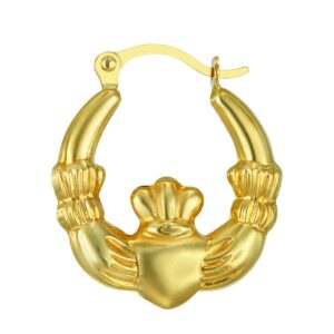 14k REAL Yellow Gold Fancy Claddagh Hoop Earrings (15 x 15mm)