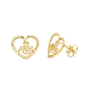 14k real yellow gold fancy 15 quincea?era heart stud earrings (10 x 10 mm)