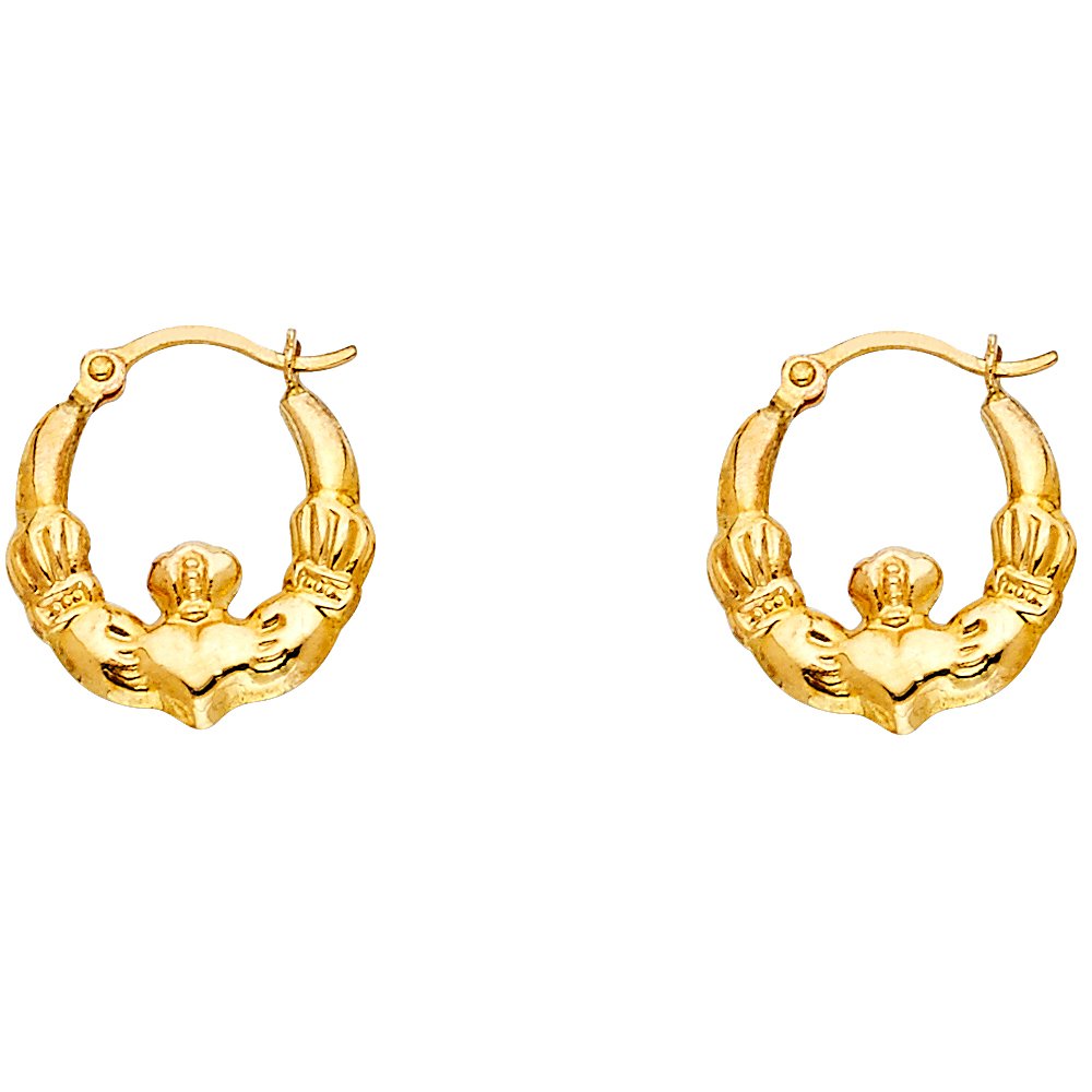 14k REAL Yellow Gold Fancy Claddagh Hoop Earrings (12 x 12mm)