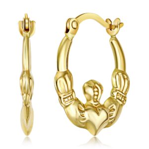 14k REAL Yellow Gold Fancy Claddagh Hoop Earrings (12 x 12mm)