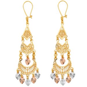 14k REAL Tri Color Gold Fancy Chandelier Dangle Earrings (15 X 53mm)