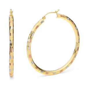 14k real tri color gold 3mm thickness hinged diamond cut hoop earrings (45 x 45 mm)