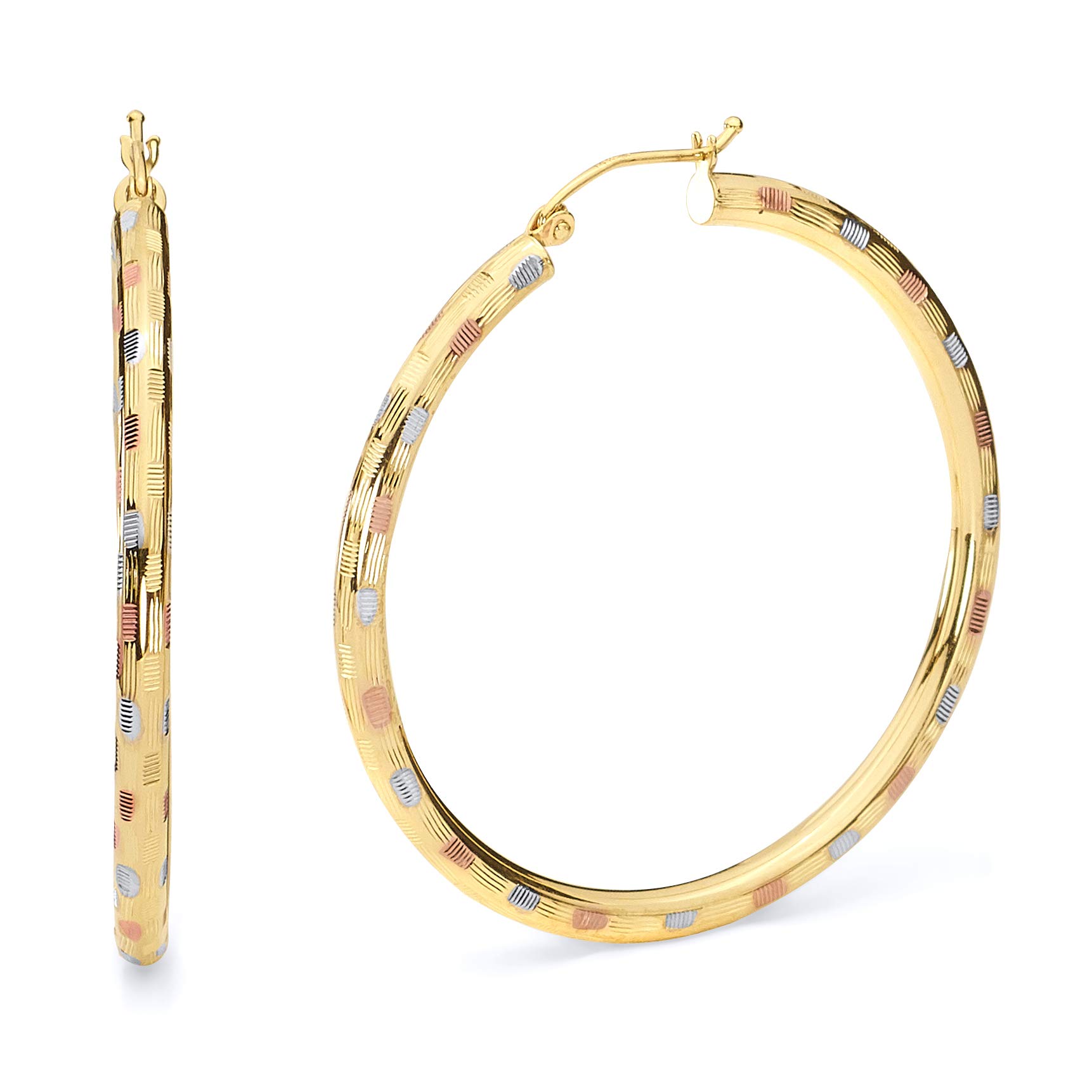 14k REAL Tri Color Gold 3mm Thickness Hinged Diamond Cut Hoop Earrings (45 x 45 mm)