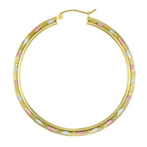 14k REAL Tri Color Gold 3mm Thickness Hinged Diamond Cut Hoop Earrings (45 x 45 mm)